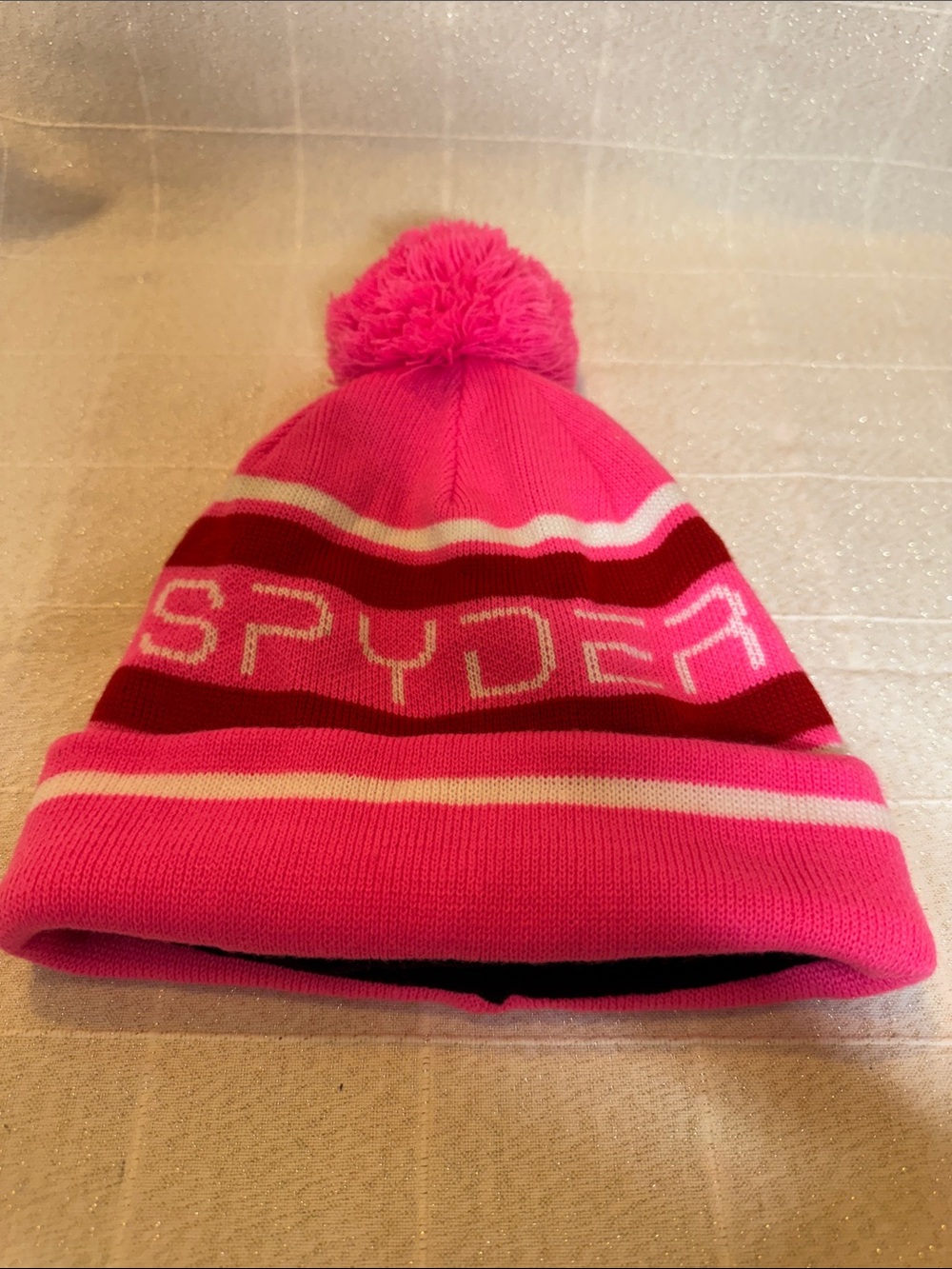 Spyder Bright Pink Knit Pom Beanie with Maroon Stripes
